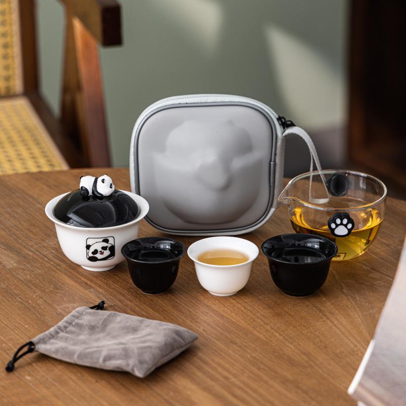 Cute panda small gift for customers, portable travel tea set, express cup business souvenir
