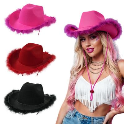 Feather Cowboy Hat Stylish Fuzzy Wide Brim Cap Solid Color Top Hat Party Dress Accessories Valentine's Day Photography Props