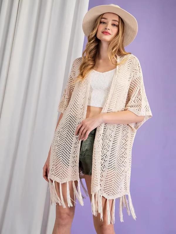 2026 Summer Plus Size Tassel Beach Cover-up: Women s Lightweight Knit Cardigan 4XL