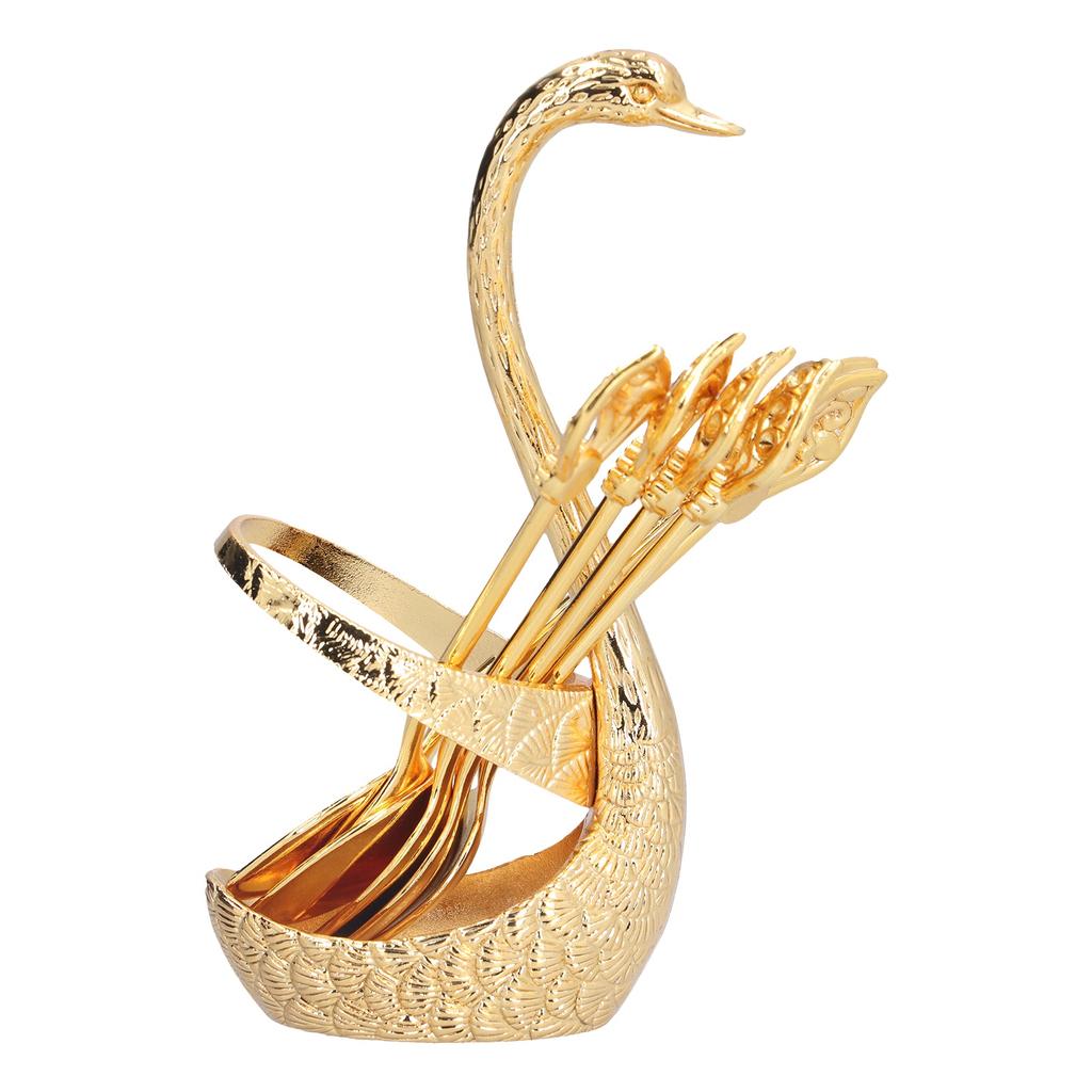Coffee Dessert Spoon Set Gold Zinc Alloy Durable Corrosion Resistant Stable Glossy Swan Base Spoon