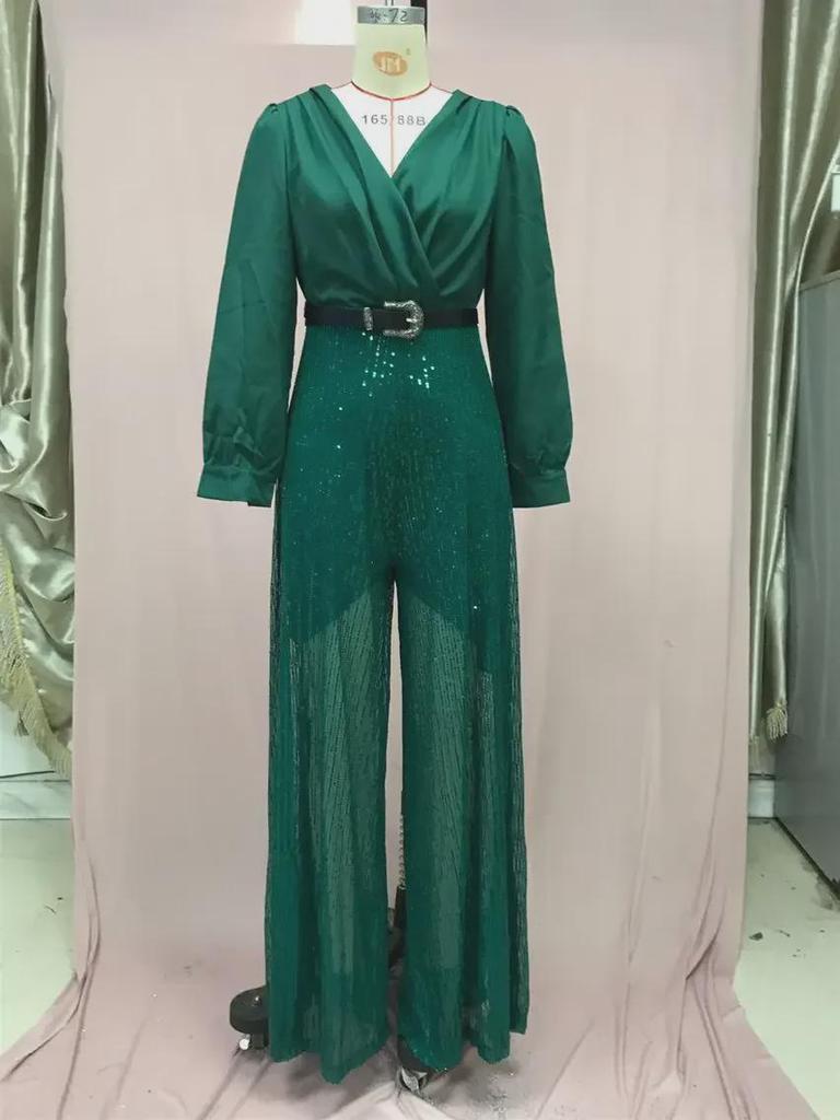 Pailletten-Taillenkleid V-Ausschnitt Langarm Mode Damen Hose Weites Bein Französisch für Frühling Herbst