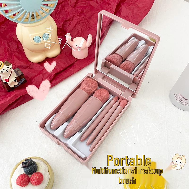 Compact 5-Piece Travel Brush Set with Mirror: Powder, Foundation, Eyeshadow Brushes & Makeup Tools
