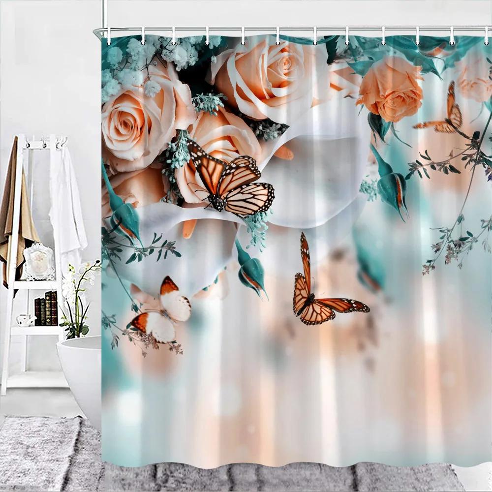 Hummingbird Floral Shower Curtain Watercolor Bird Flower Home Bathroom Decor Polyester Fabric Bathroom Curtain Set Hook Washable