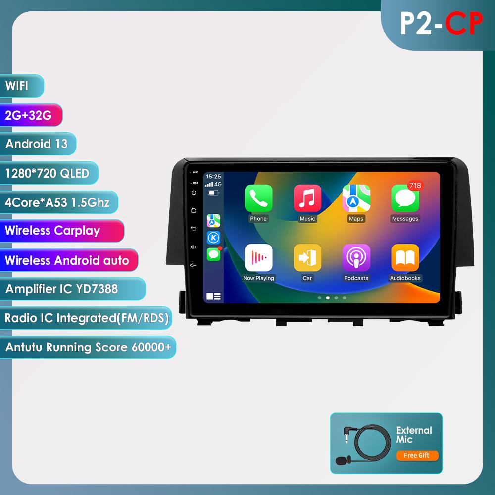 

OSSURET 2din Android Автомагнитола для Honda Civic 10-го поколения 2015 - 2021 Авторадио Мультимедийный Видеоплеер GPS Навигация Головное Устройство Интеллектуальный Carplay 4G BT P2CP 4Core 2G 32G