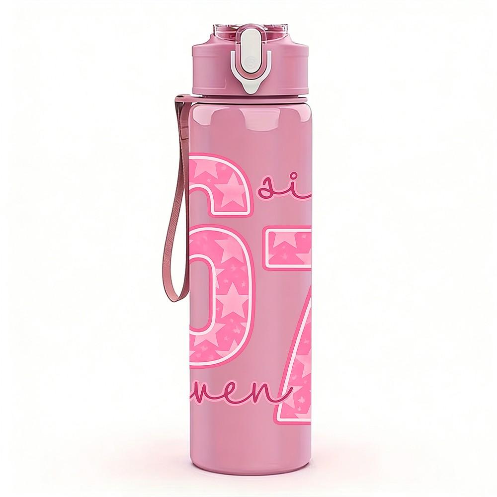 1PC Pink Number 67 Girly Text Print 750ml Color Plastic Sports Water Bottle Leakproof Flip Straw Lid Suitable for Sports Office Home Use