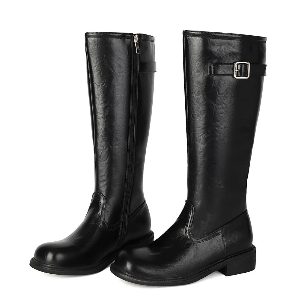 Stivali da Donna Stile Cavaliere Fibbia a Cintura Stivali Alti Nastro a Mano Stivali Locomotiva Stivali con Tacco Quadrato 40-47 Taglia Grande