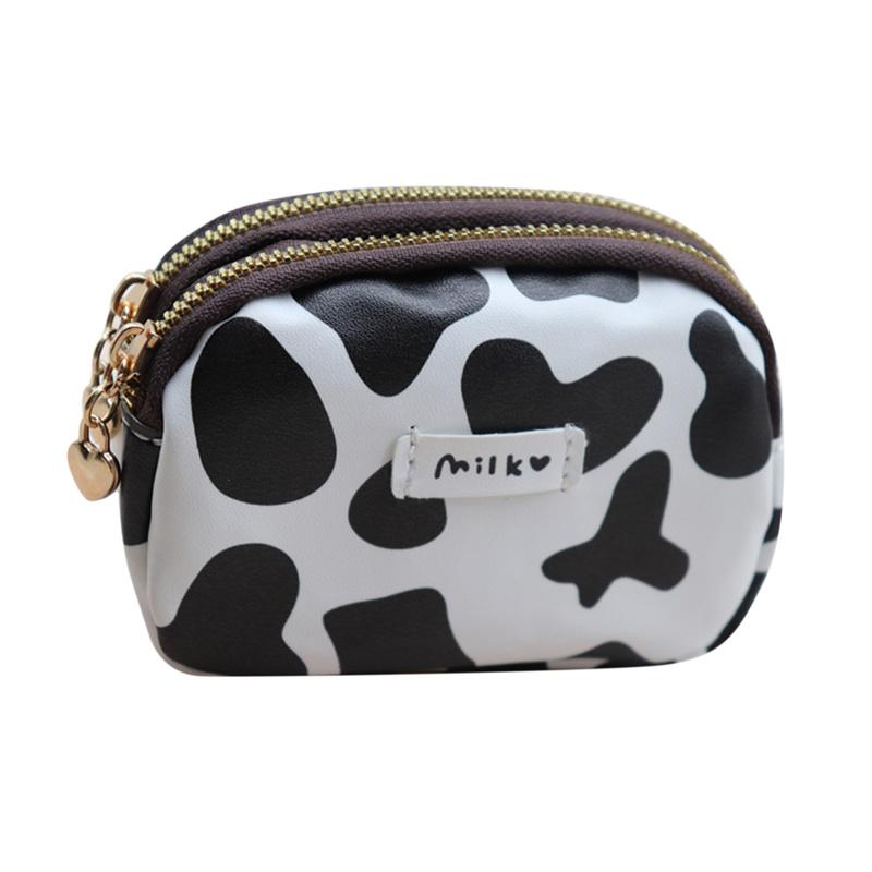 Süße Geldbörse für Damen, Kuh-Print, PU-Leder, Visitenkartenhalter, Münzgeldbörse für Damen, Mädchen, Reißverschluss, Cartoon-Geldbörse