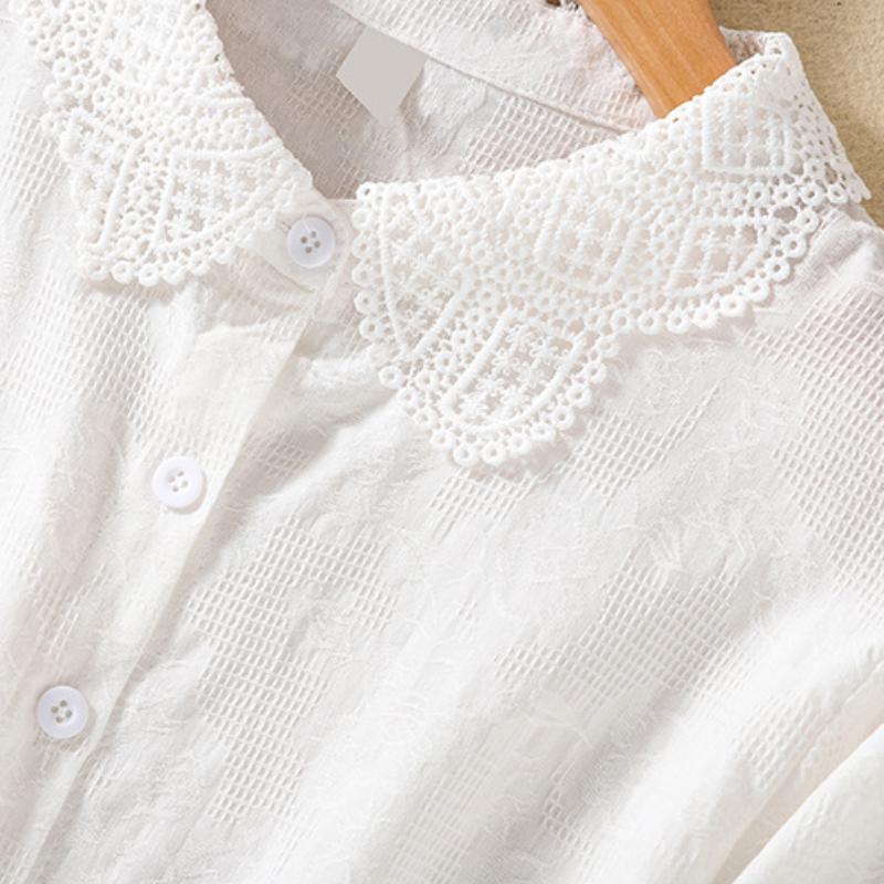 Summer Women's Cotton Linen Shirt for Women Short Sleeved Blouse Jacquard Embroidered Lace Collar Shirt