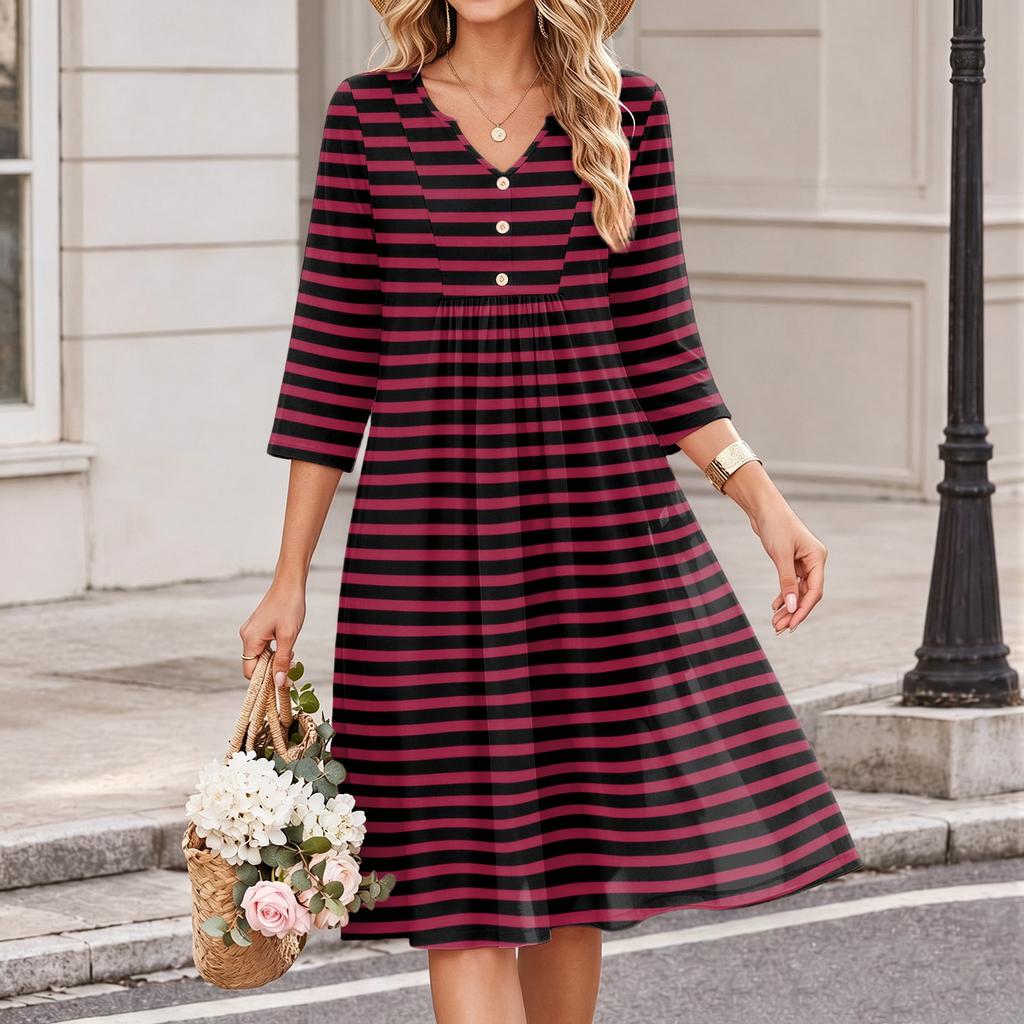 Damen Casual V-Ausschnitt Kleid mit Streifenmuster und 3/4 Ärmeln