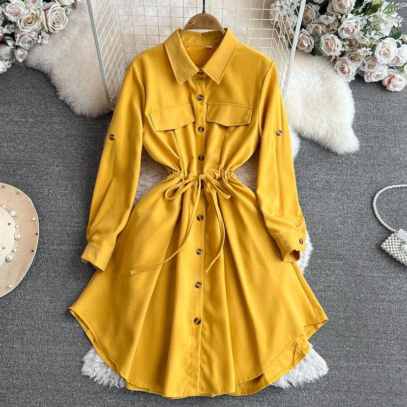 

Retro Long Sleeves Single-Breasted Corduroy Dress Shirt Yellow All yards