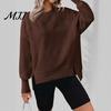 Polyester Women Tops Crew Neck Sweatshirt, Drop Shoulder Long Sleeve Pullover, Loose Soft Sweaters Fit Casual Fall Winter Top with Side Slit Pullovers
