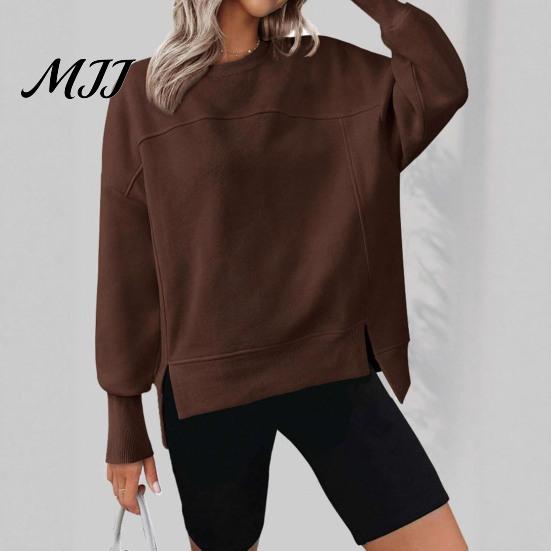 Polyester Women Tops Crew Neck Sweatshirt, Drop Shoulder Long Sleeve Pullover, Loose Soft Sweaters Fit Casual Fall Winter Top with Side Slit Pullovers