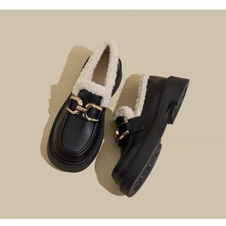 Black thick-soled thick-heeled small leather shoes, new retro British style velvet thermal cotton shoes in autumn and winter