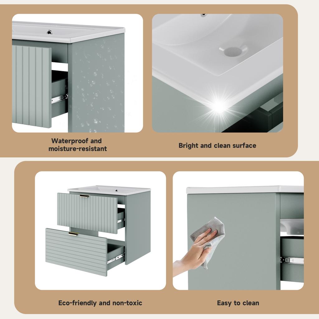 61*46*57cm Wall-Hung Washstand, MDF Fully Lacquered, Two Silent Drawers, Structured Drawer Fronts, Integrated Washbasin, Mint Green