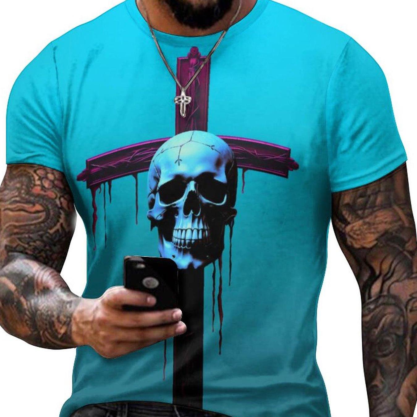 

Men s Cross Skull Print Short Sleeve T-shirt, Casual Comfy Top For Summer 6XL