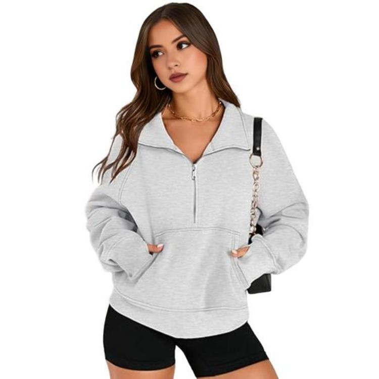 Thick Fall Winter Sweatshirt Casual Sport Top Loose Elastic Cuff Long Sleeves Half Zipper Turn Down Collar Big Pocket Pure Color Daily Wear