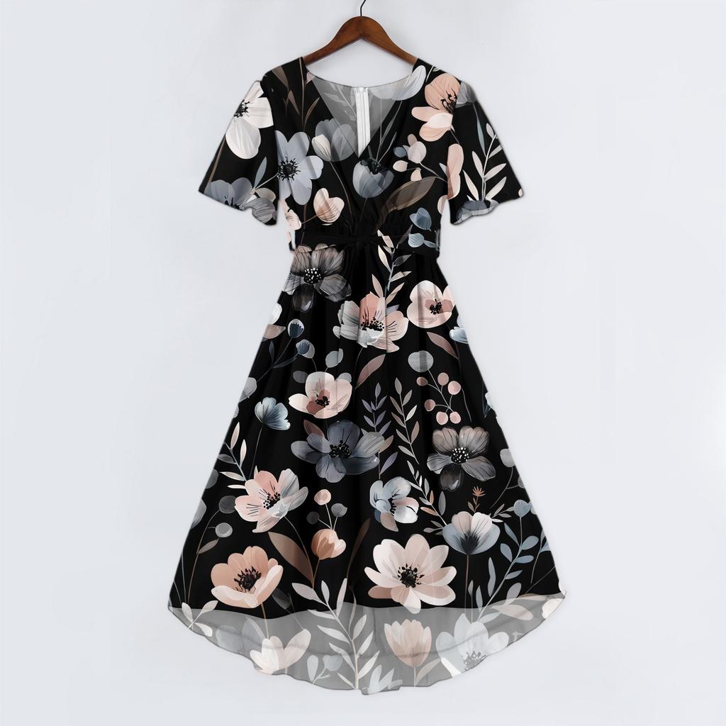 Dámské módní ležérní šaty s výstřihem do V, krátkým rukávem, volánky a vintage potiskem