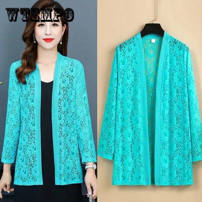 Summer Season Large Size Women's Clothing Mid-length Lace Cardigan Thin Coat Outside Long Sleeve Sun Protection Clothing Air Conditioner