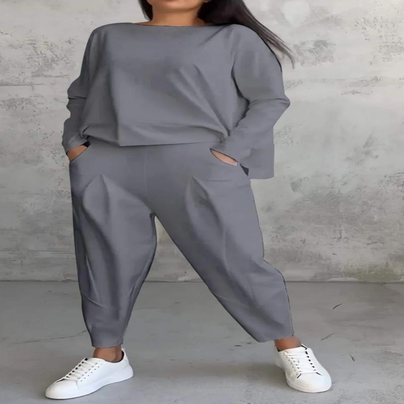 Women's Trousers Suit O-neck Long Sleeve Loose T-shirt Solid Color Trousers Pocket Simple 2-piece Set Loungewear