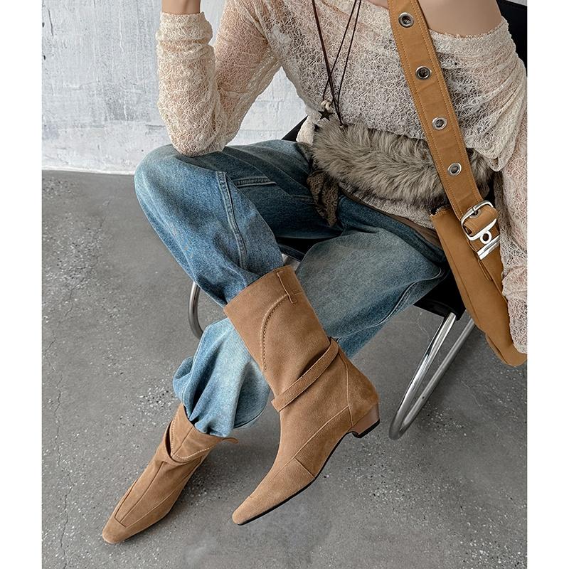 Fashion 2025 Autumn Winter New Trend Natural Cow Suede Retro Women Shoes Mid Calf Boots Brown Mid Heel Chunky Heels Square Toe Boots