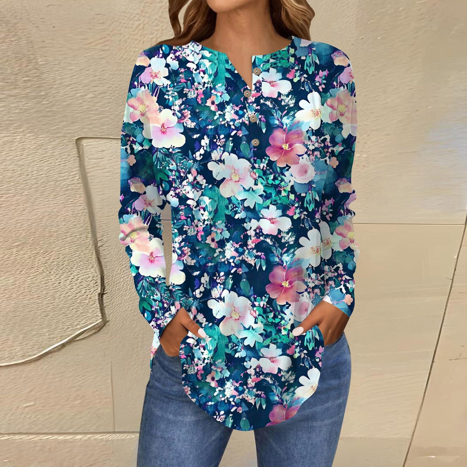 

Модная свободная футболка с длинным рукавом и цветочным принтом на пуговицах, топ-пуловер L циан