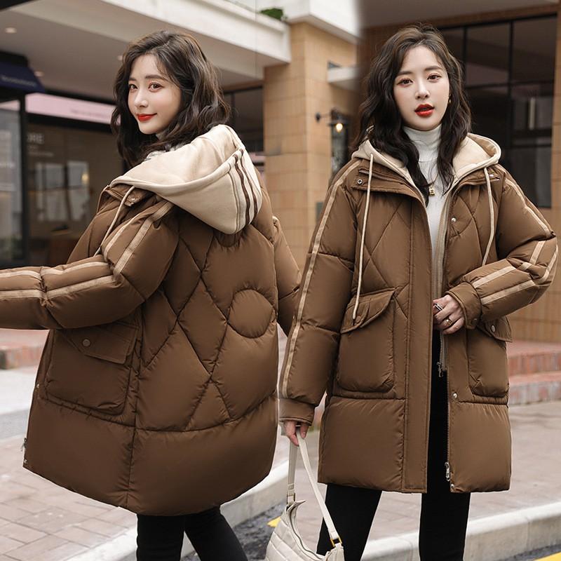Womens Warm Puffer Coat With Hooded Design Loose Fit Mid-Length Winter Jacket Cotton-Padded Outerwear