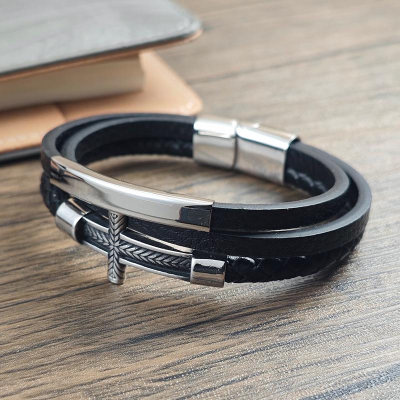 Charm Cross Braid Pattern Leather Woven Stainless Steel Bracelet Magnetic Buckle Rope Woven Bracelet Men's Jewelry Gifts