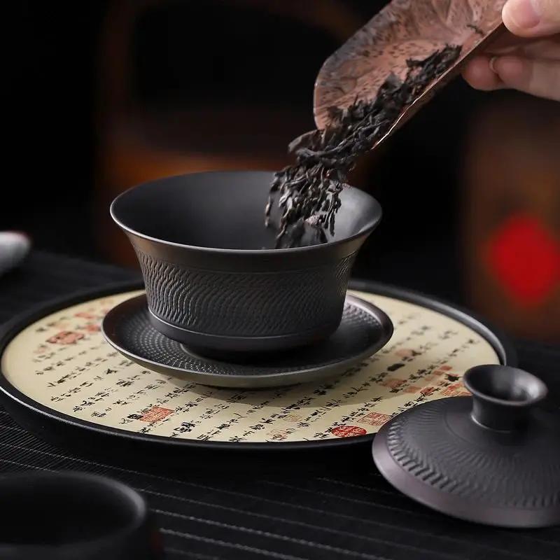 1116New Purple Clay Gaiwan Single Tea Bowl Handmade Carved High Value Gongfu Tea Set Tray Business Gift Office Hotel Anniversary