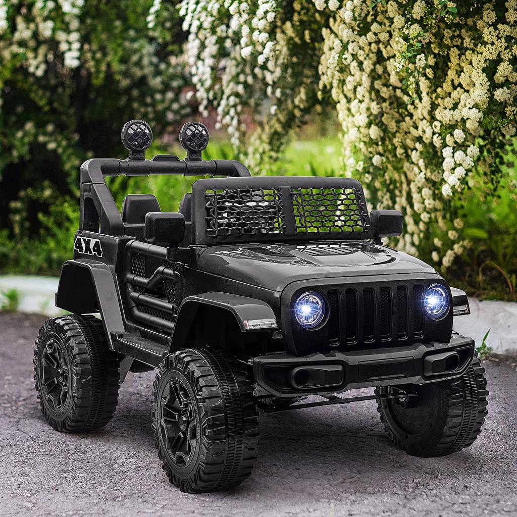 Kids Electric Ride On Car 12V Off Road Toy with Parental Remote Control 2 Motors Horn Lights Suspension Wheels for 3-6 Years Old Black