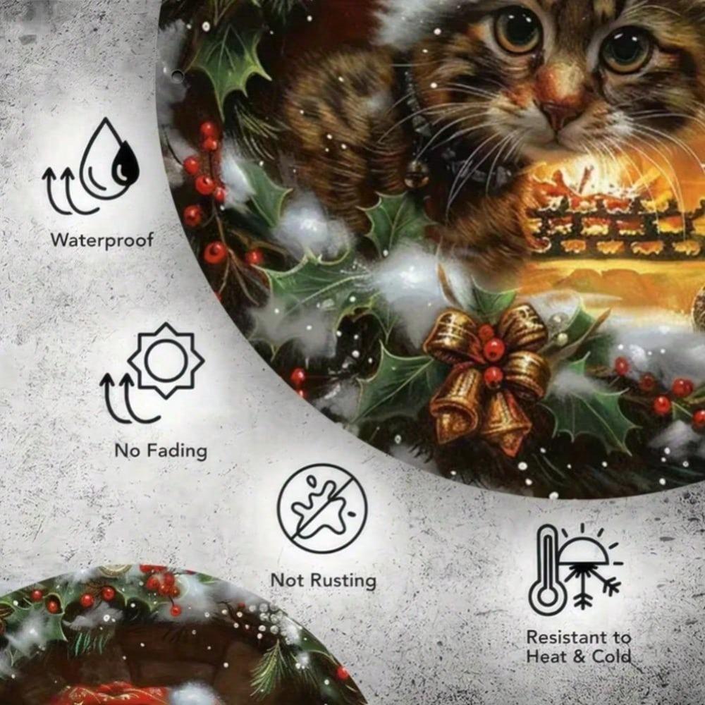 Vintage Christmas Cat Metal Sign Humorous Feline Embossed Wall Decor