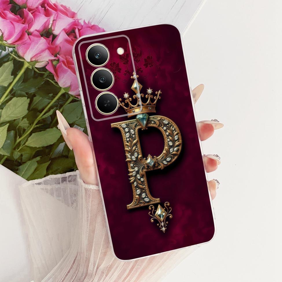 Cover For Realme 14x 5G India Case RMX3940 Transparent Luxury Crown A-Z Letters 2D Flat Pattern Soft Phone Case