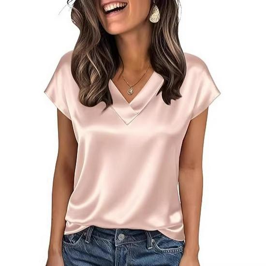 Women's Solid Color Satin V-neck Pullover Top - Spring/Summer Casual Business Style
