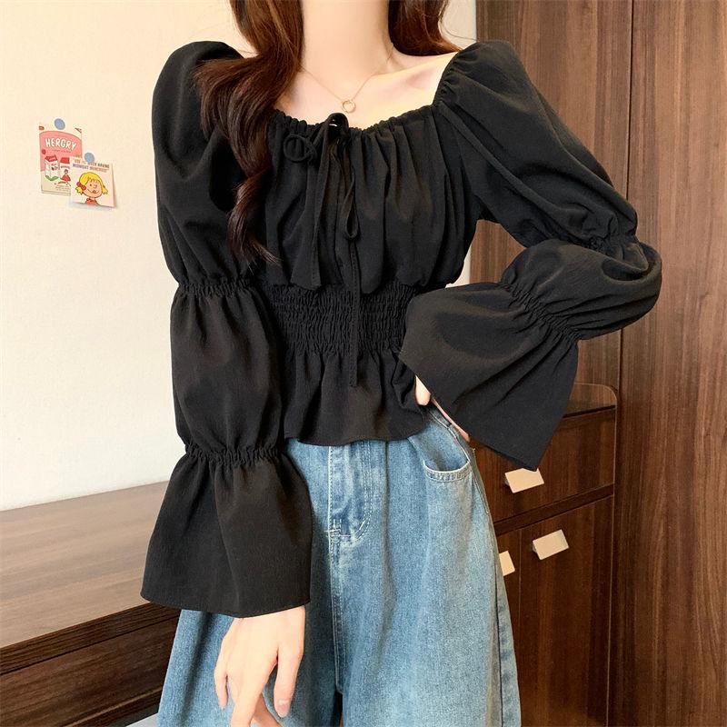 Hemd im französischen Stil Nischen-Temperament Schlüsselbein Sanfter Stil Tailliert Rüschenkante Hemd Top