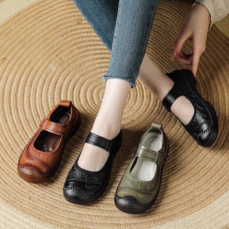 Leather Flats Women Durable Mary Jane Shoes Autumn Shallow Flats Ladies Anti Kick Moccasins Female Brown Flats