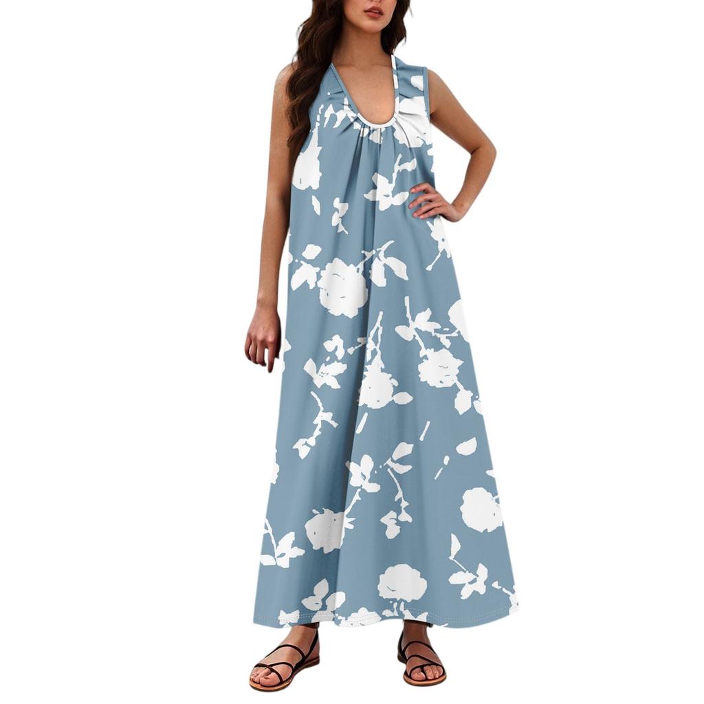 Women's Fashion Casual A-line Floral Printed Hammer Feel Loose Long Skirt With Pockets