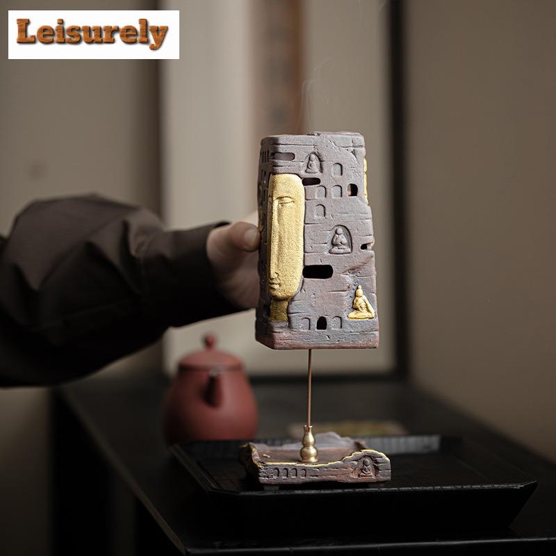 Zen Buddha Shadow Ceramic Incense Burner Old Rock Mud Insertion Censer Burner Holder Aromatherapy Furnace Teaware Ornaments Gift