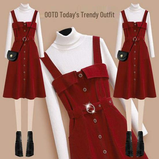 

Женский красный вельветовый комбинезон Рождественское платье - Осень/Зима 2025 Комплект выше колена L (Recommended 110-120 jin)