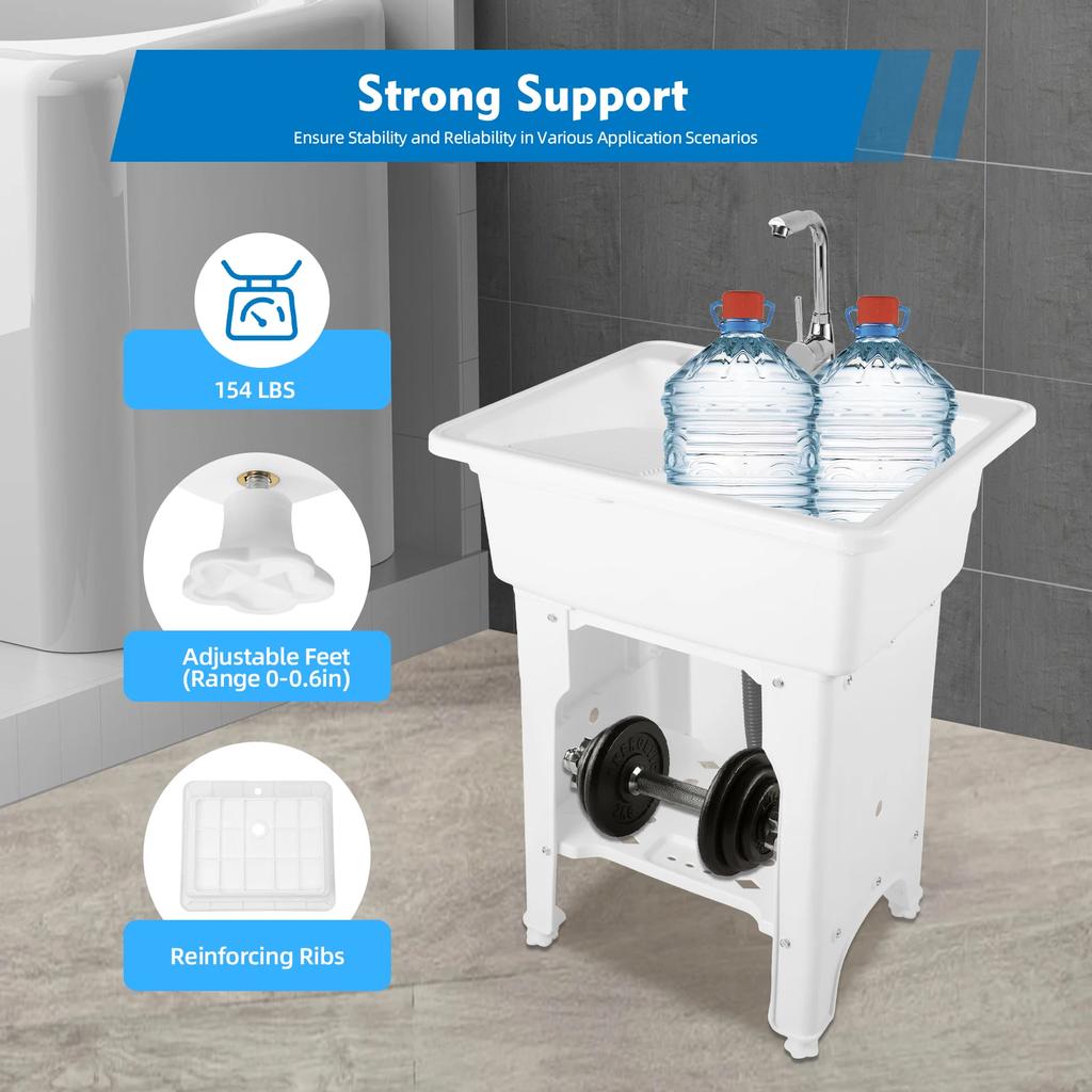 Bymaocar Freestanding Plastic Laundry Sink W/ Hot-cold Faucet & Washboard, Multi-function Shared Sink Kit for Laundry, Bathrooms