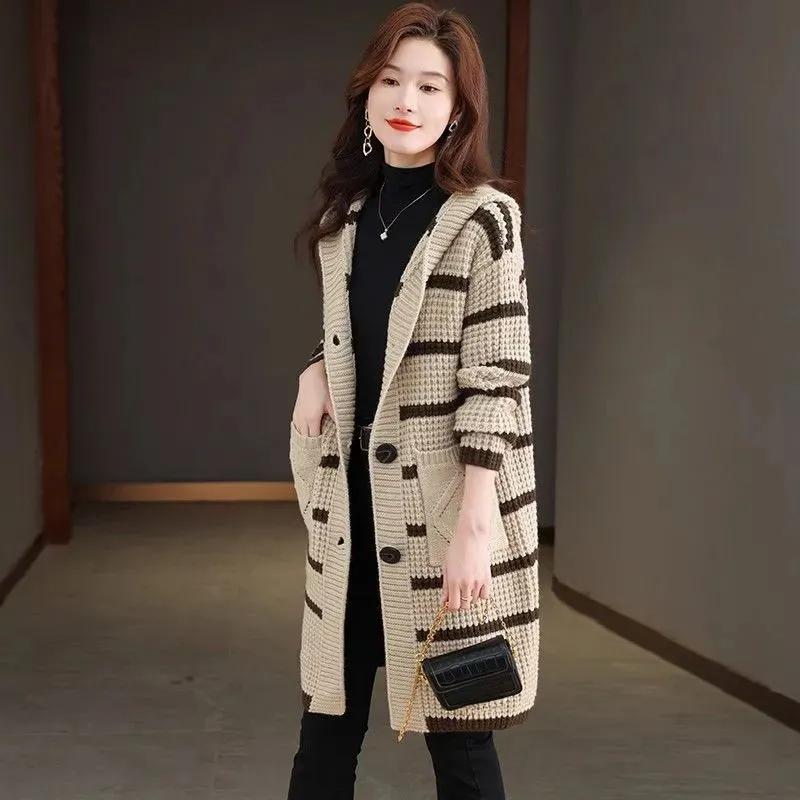 Autumn Hooded Thickened Mid-length Sweater Jacket Loose Striped Large Size Knitted Cardigan