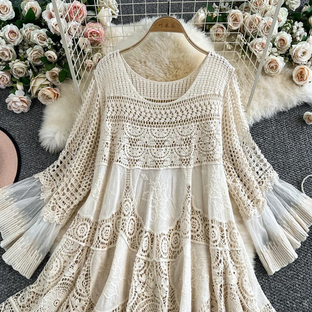 Dimanaf 2025 Neues Sommer Damen Lang Strickkleid Ärmel Mode Spitzenkleider Lässig Locker
