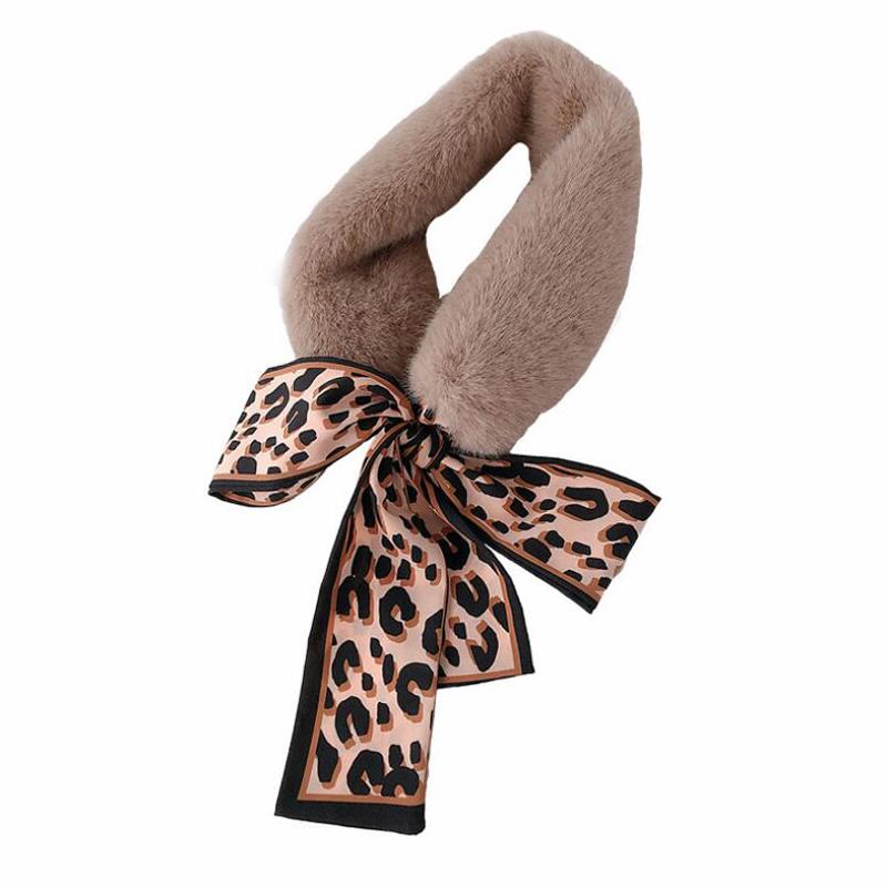 Women Ribbon Winter Plush Leopard Fur Collar Ribbon Scarf Warm Scarf