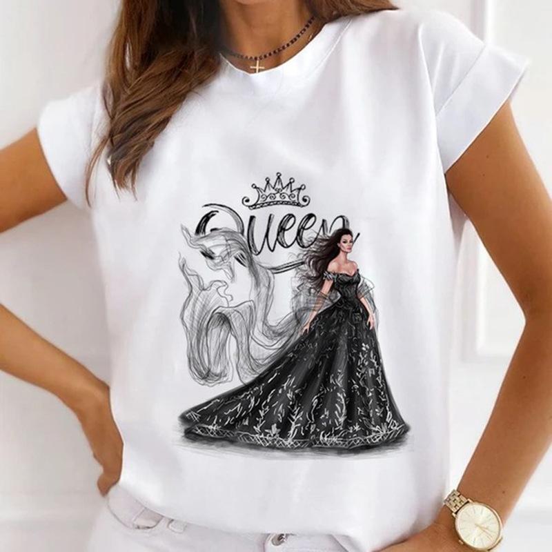 Camiseta de Verano de Cuello Redondo con Estampado 3D de Patrón de Reina, Camisetas de Mujer Casuales de Moda de Manga Corta