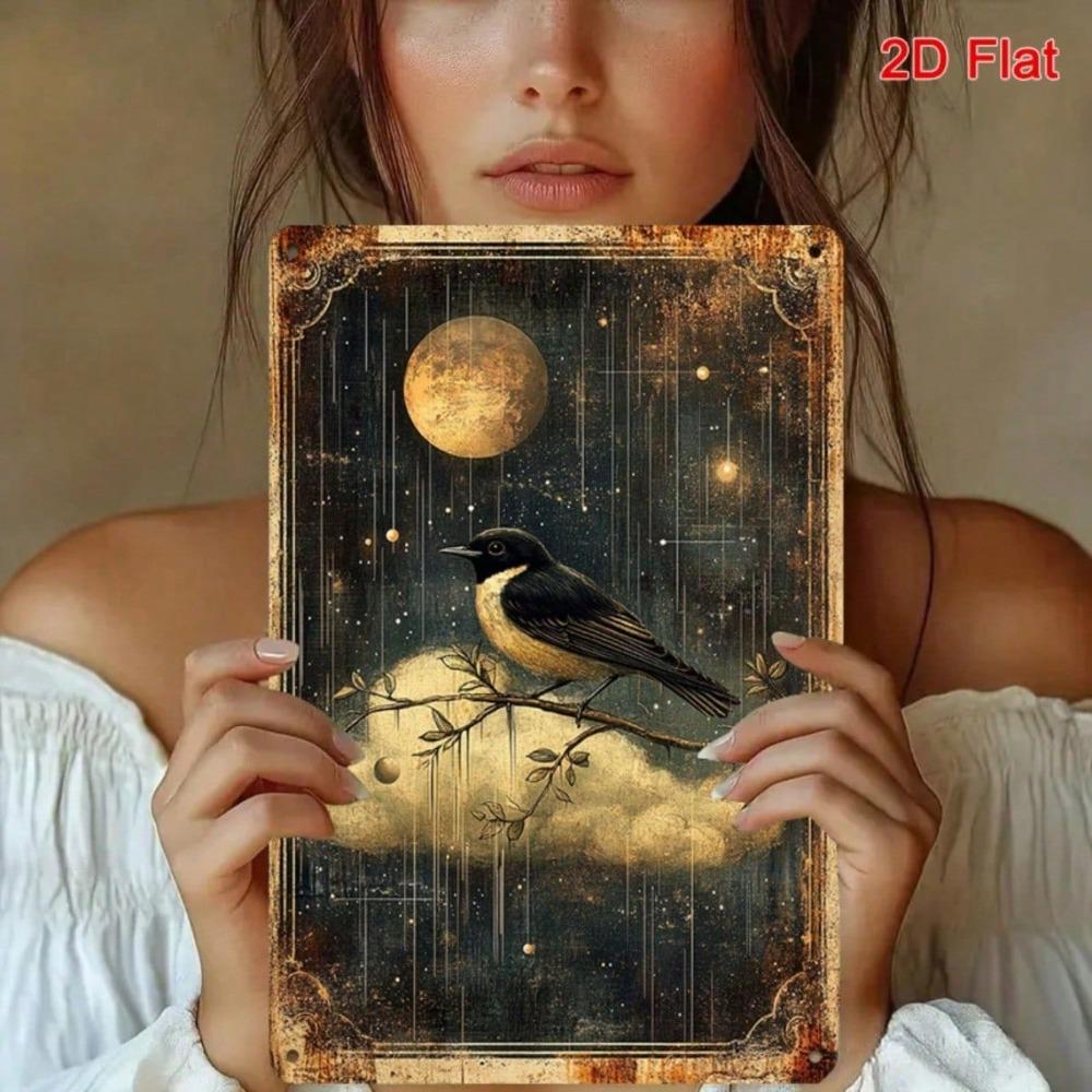 Vintage Moon & Stars Metal Wall Art, 8x12, Retro Celestial Bird Iron Sign for Living Room Office