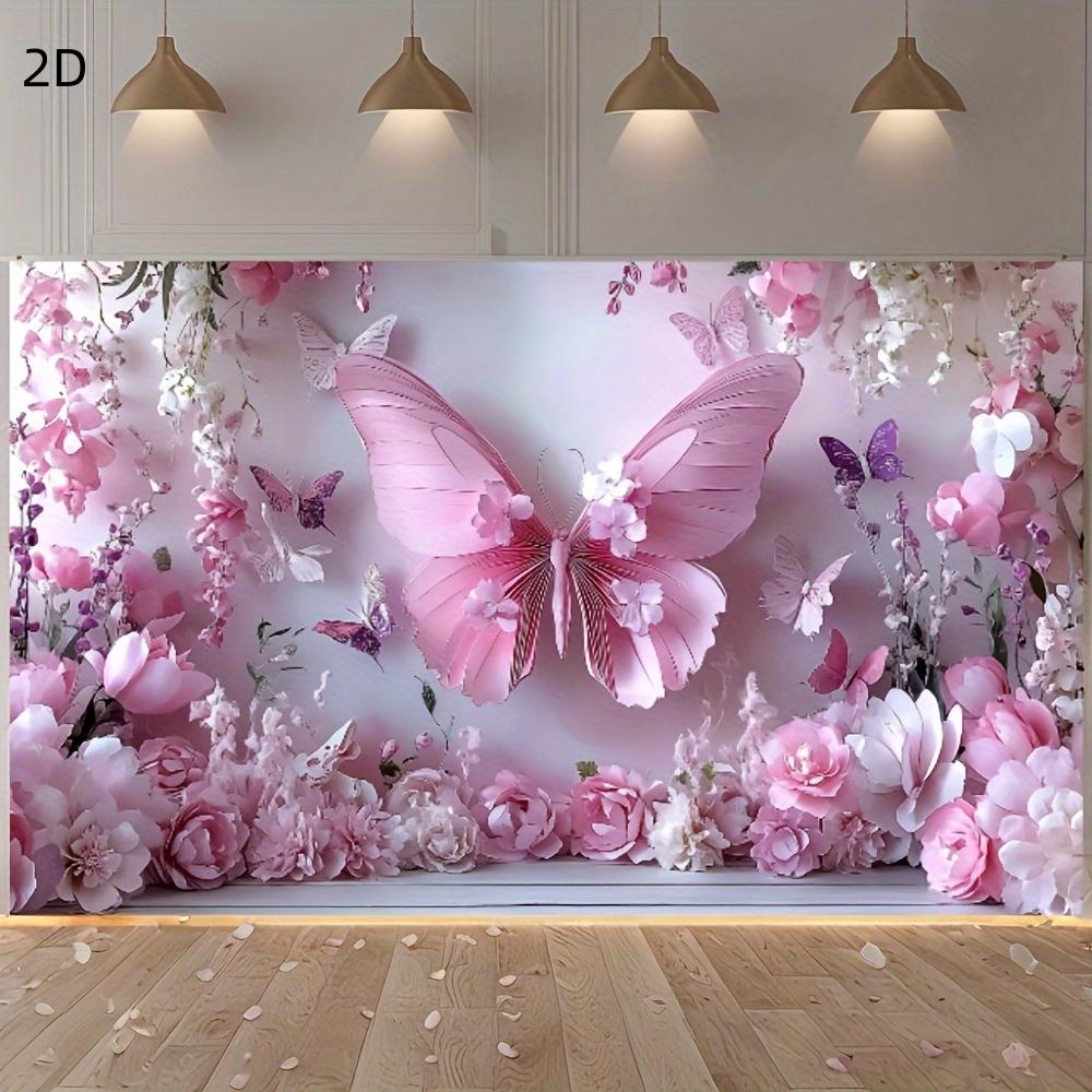 Spring and Summer Pink and Purple Beautiful Flowers 2D Butterfly Background Customizable Name Photo Birthday Party Decoration