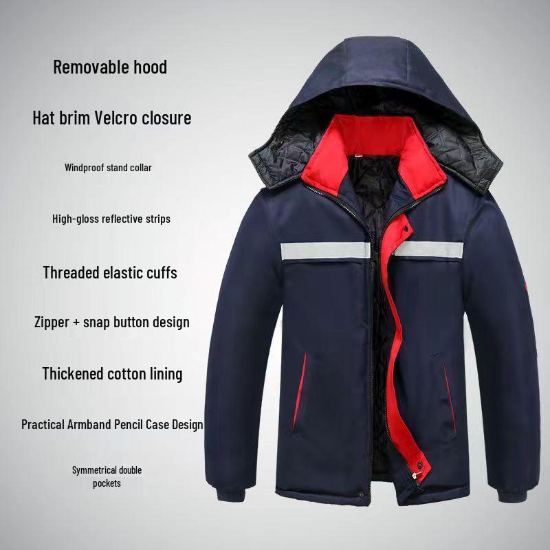 

Men s Large Graphene-Lined Cotton Work Jacket with Hood, Reflective Strips, and Thick Winter Insulation. 2XL (65-75 kg)