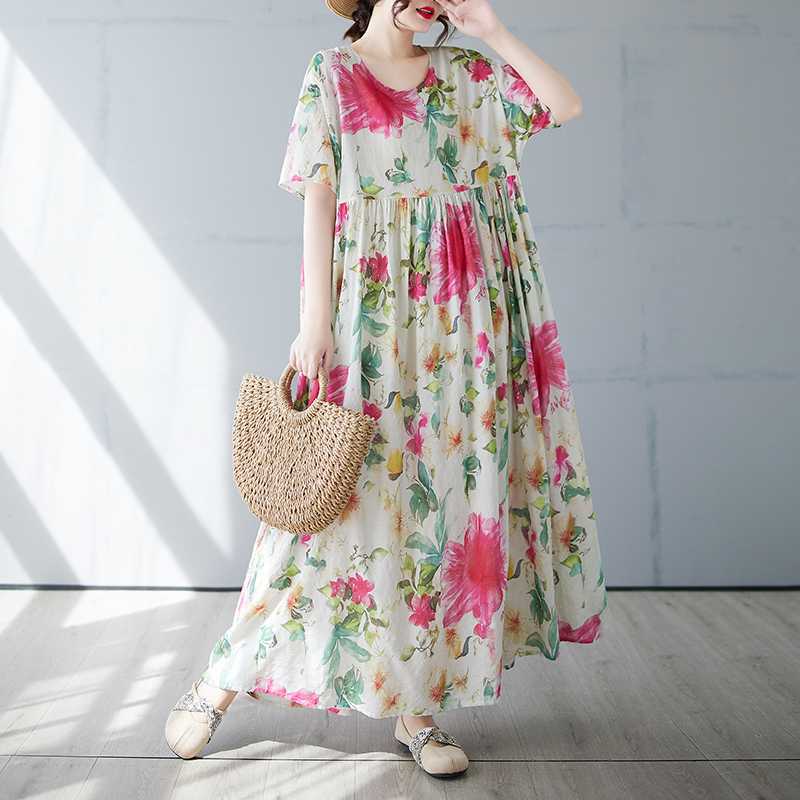 Women's Simple and Fashionable Long Skirt, Short Sleeved Round Neck Printed Dress