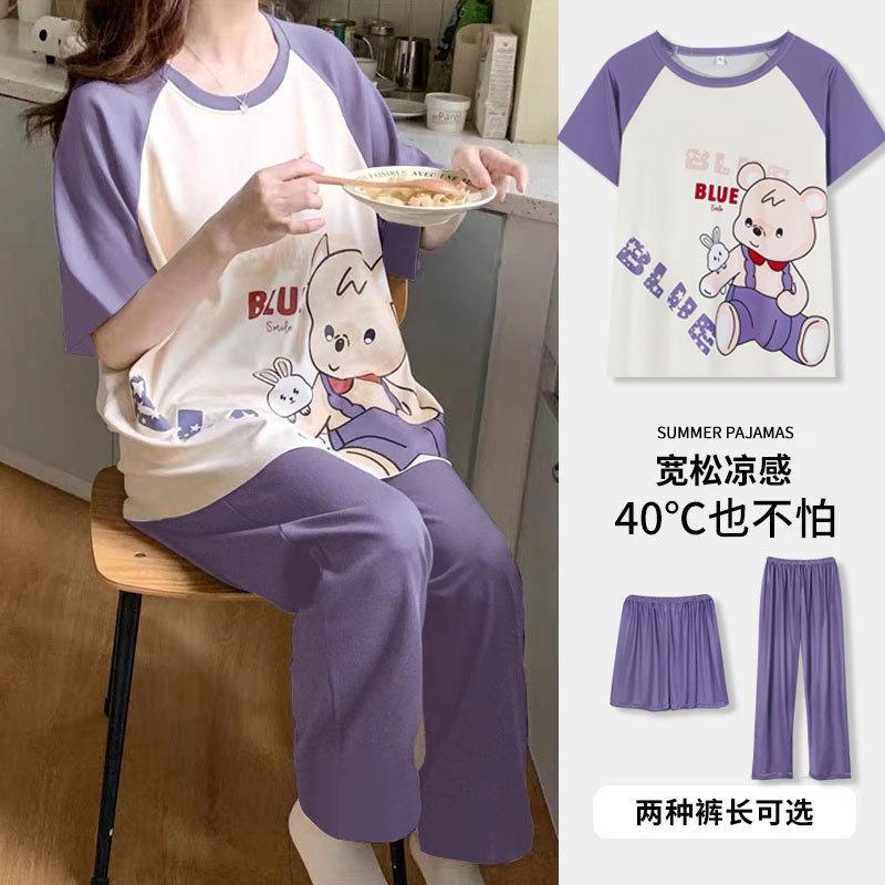 Summer energetic and cute little bear new style pajamas for women, cartoon short sleeve crew neck three-piece set loungewear, casual and suitable for