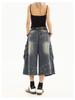 Amerikanische Retro Damen Multi-Taschen Denim Capri Shorts - Locker, Weitbein, Mittellang Sommer Arbeitskleidung
