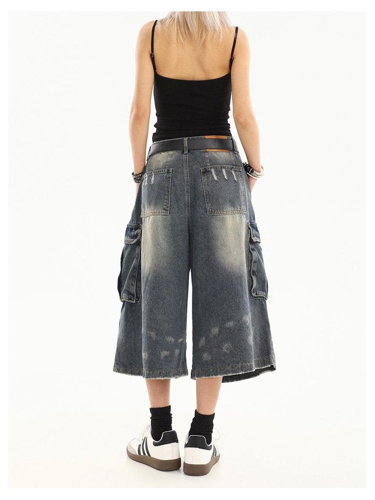 Pantaloni Capri din Denim cu Buzunare Multiple pentru Femei în Stil Retro American - Largi, cu Picior Lat, Lungime Medie, Haine de Lucru de Vară