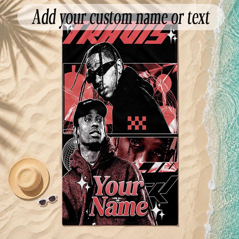 Beach TowelTravis Scott Custom Name Text Personalized Soft Towel for Beach Pool Indoor Home Decor Gift